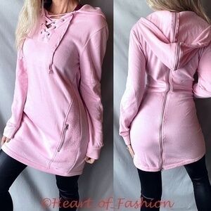 Cozy Pink Lace Up Full Zipper Fleece Hoodie Dress